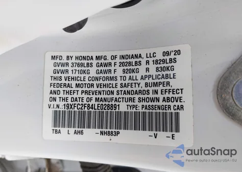 2020 Honda Civic Sport из США, поврежденный, VIN 19XFC2F84LE028891